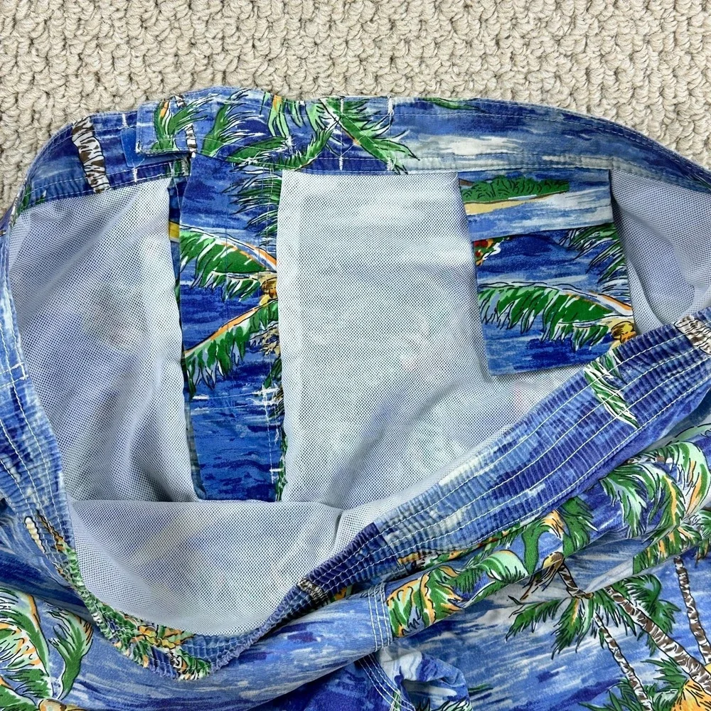 Vtg Polo Ralph Lauren Board Shorts Mens L Blue Swim Trunks Tie Front Palm Tree